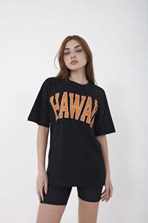 Unisex Oversize Hawaii Baskılı Beyaz T-shirt