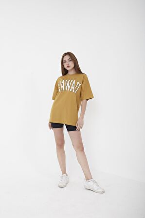 Unisex Oversize Hawaii Baskılı Beyaz T-shirt