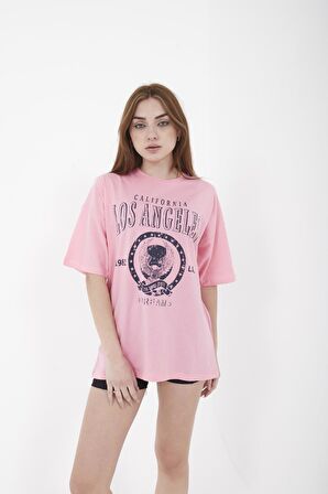 Unisex Oversize Los Angeles Baskılı Kırmızı T-shirt