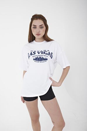 Unisex Oversize Las Vegas Baskılı Siyah T-shirt