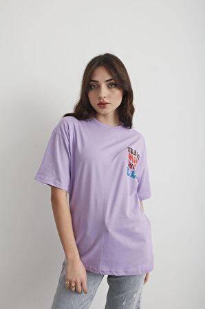 Kadın Lacivert Travel Baskılı Oversize T-shirt