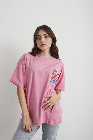 Kadın Lacivert Travel Baskılı Oversize T-shirt