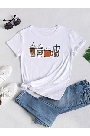 Kadın Içecek Ve Pumpkin Baskılı Duble Kol Oversize T-shirt