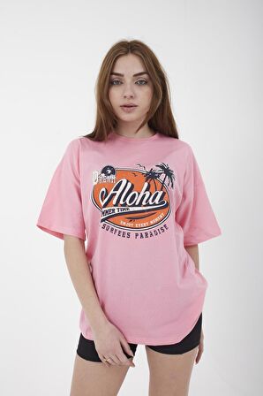Unisex Oversize Aloha Baskılı Salaş Kesim T-shirt
