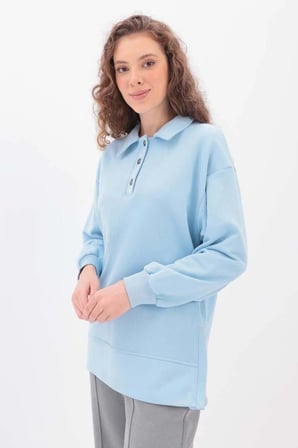 Açık Mavi-Yanları Fermuarlı Yakalı Sweat Tunik