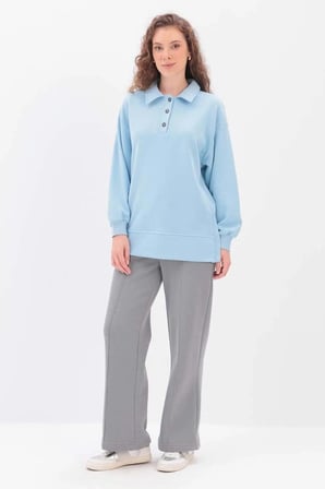 Açık Mavi-Yanları Fermuarlı Yakalı Sweat Tunik
