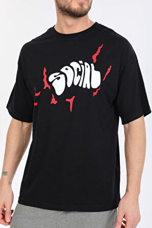 Oversize Social Yazılı Siyah T-shirt