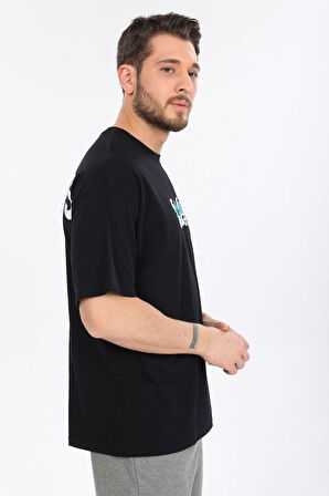 Oversize Smurfs Yazılı Siyah T-shirt