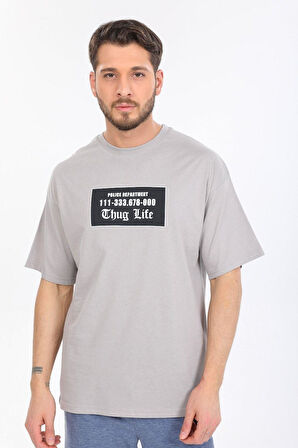 Oversize Thug Life Yazılı Gri T-shirt