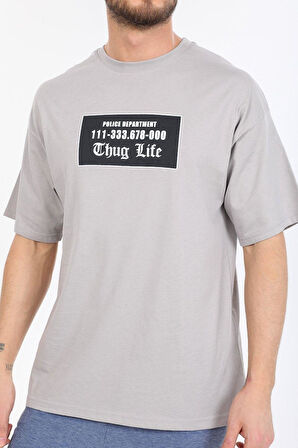 Oversize Thug Life Yazılı Gri T-shirt