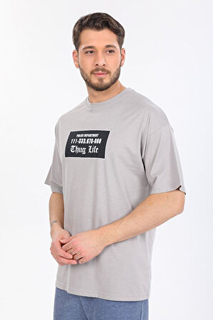 Oversize Thug Life Yazılı Gri T-shirt