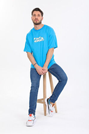 Oversize Smurfs Yazılı Mavi T-shirt