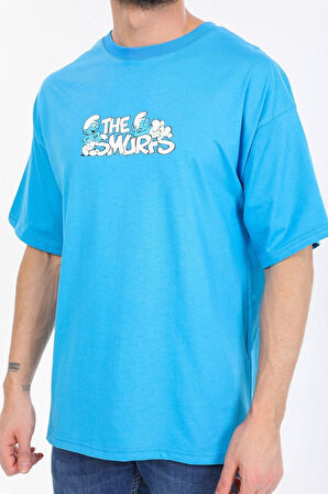 Oversize Smurfs Yazılı Mavi T-shirt