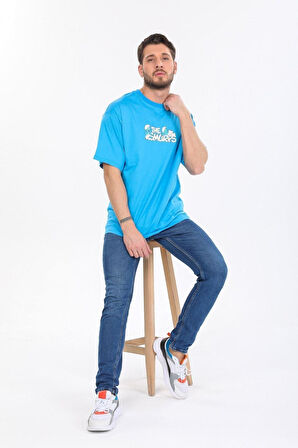 Oversize Smurfs Yazılı Mavi T-shirt