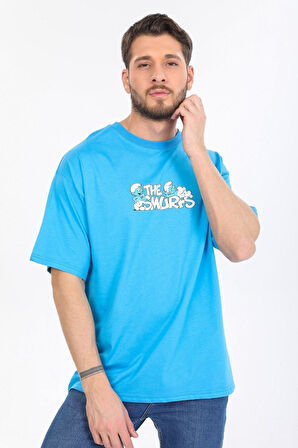 Oversize Smurfs Yazılı Mavi T-shirt