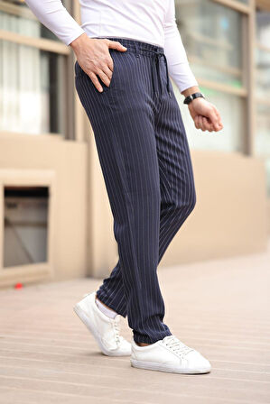 Çizgili Kumaş Lacivert Jogger Pantolon