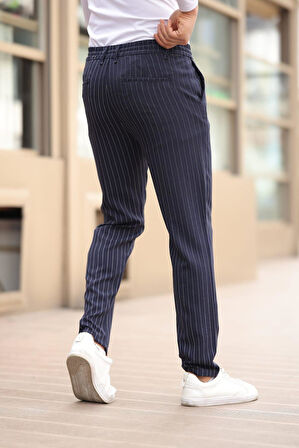 Çizgili Kumaş Lacivert Jogger Pantolon