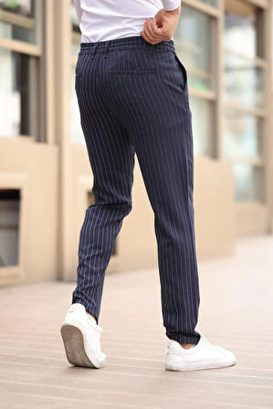 Çizgili Kumaş Lacivert Jogger Pantolon