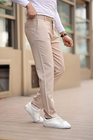 Çizgili Kumaş Bej Jogger Pantolon