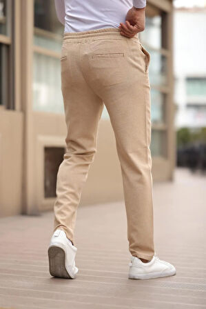 Düğmesiz Düz Kumaş Bej Jogger Pantolon