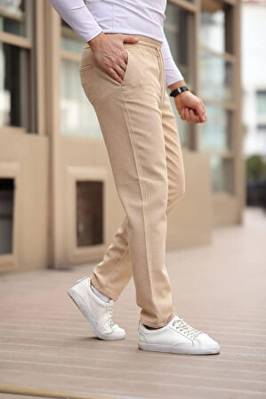 Düğmesiz Düz Kumaş Bej Jogger Pantolon