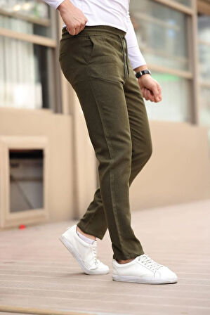 Düğmesiz Düz Kumaş Haki Jogger Pantolon
