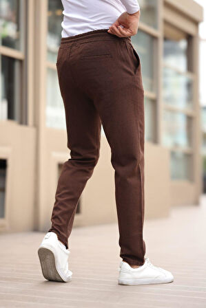 Düğmesiz Düz Kumaş Kahverengi Jogger Pantolon