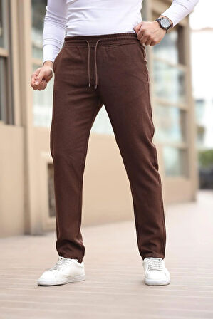 Düğmesiz Düz Kumaş Kahverengi Jogger Pantolon