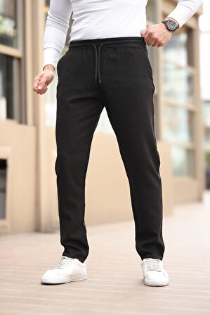 Düğmesiz Düz Kumaş Siyah Jogger Pantolon