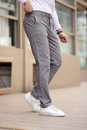 Düğmeli Düz Kumaş Gri Jogger Pantolon