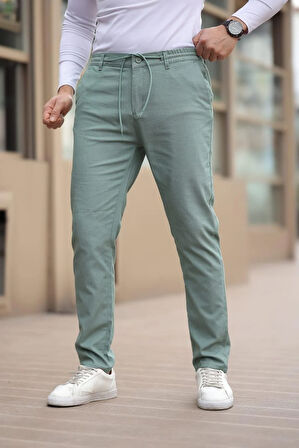 Düğmeli Düz Kumaş Haki Jogger Pantolon