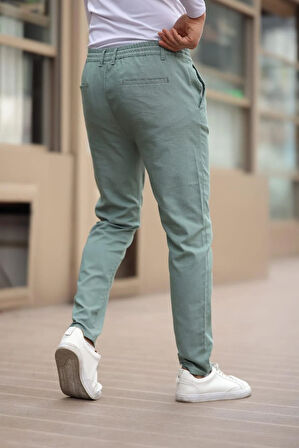 Düğmeli Düz Kumaş Haki Jogger Pantolon