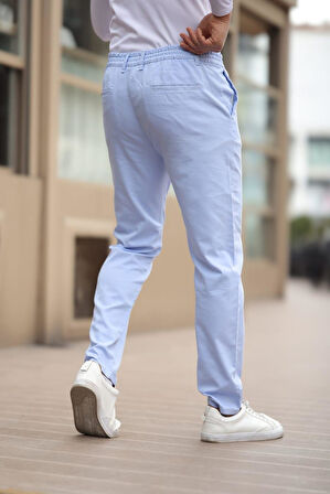 Düğmeli Düz Kumaş Buz Mavisi Jogger Pantolon