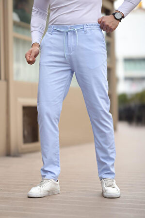 Düğmeli Düz Kumaş Buz Mavisi Jogger Pantolon