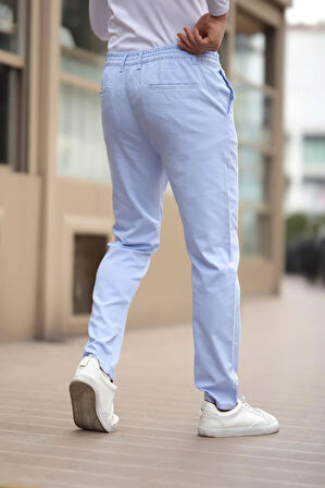 Düğmeli Düz Kumaş Buz Mavisi Jogger Pantolon