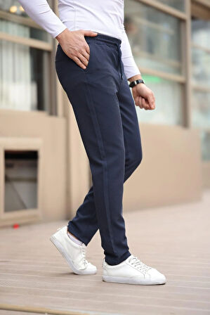 Düğmesiz Kareli Kumaş Lacivert Mavisi Jogger Pantolon