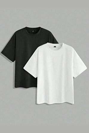 2 Adet Siyah ve Beyaz Renk Bisiklet Yaka Oversize Tişört