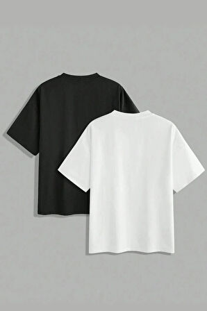 2 Adet Siyah ve Beyaz Renk Bisiklet Yaka Oversize Tişört
