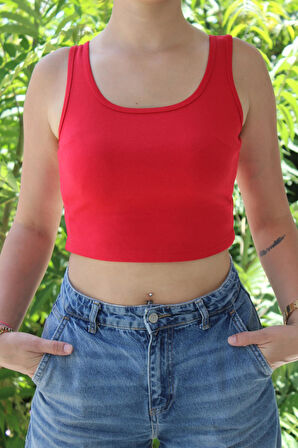 Kadın Kırmızı Basic Ribana Atlet Crop – Likralı Spor Üst
