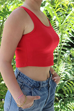 Kadın Kırmızı Basic Ribana Atlet Crop – Likralı Spor Üst