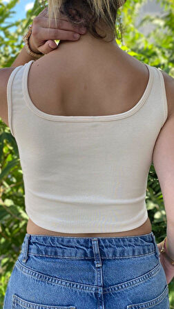 Kadın Krem Basic Ribana Atlet Crop – Likralı Spor Üst
