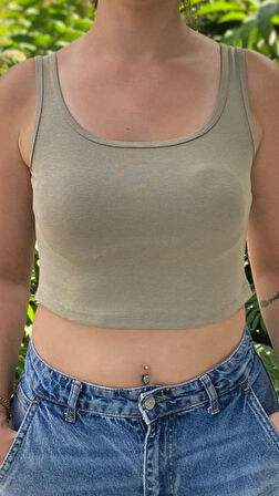 Kadın Haki Basic Ribana Atlet Crop – Likralı Spor Üst