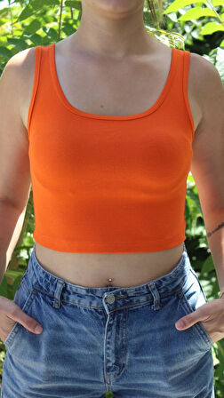 Kadın Turuncu Basic Ribana Atlet Crop – Likralı Spor Üst