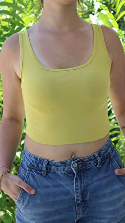 Kadın Sarı Basic Ribana Atlet Crop – Likralı Spor Üst