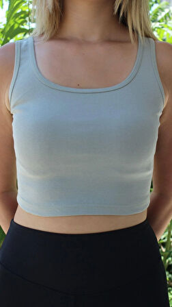 Kadın Gri Basic Ribana Atlet Crop – Likralı Spor Üst