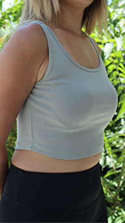 Kadın Gri Basic Ribana Atlet Crop – Likralı Spor Üst