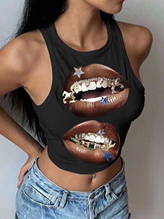 Kadın Siyah Baskılı Crop Atlet – Diş Grillz Desenli, Sokak Modası Tarzı