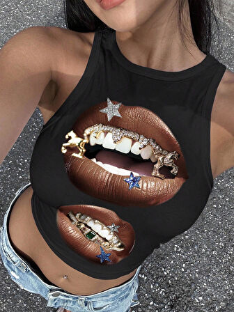 Kadın Siyah Baskılı Crop Atlet – Diş Grillz Desenli, Sokak Modası Tarzı