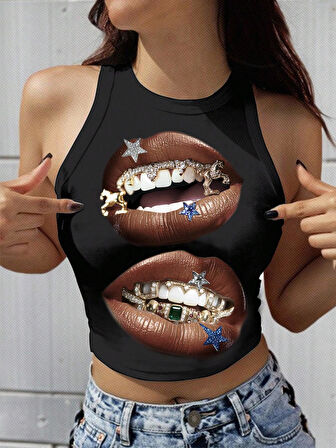 Kadın Siyah Baskılı Crop Atlet – Diş Grillz Desenli, Sokak Modası Tarzı