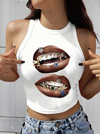 KadınBeyaz Baskılı Crop Atlet – Diş Grillz Desenli, Sokak Modası Tarzı